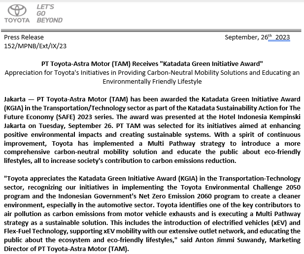 PT Toyota-Astra Motor (TAM) Receives "Katadata Green Initiative Award ...